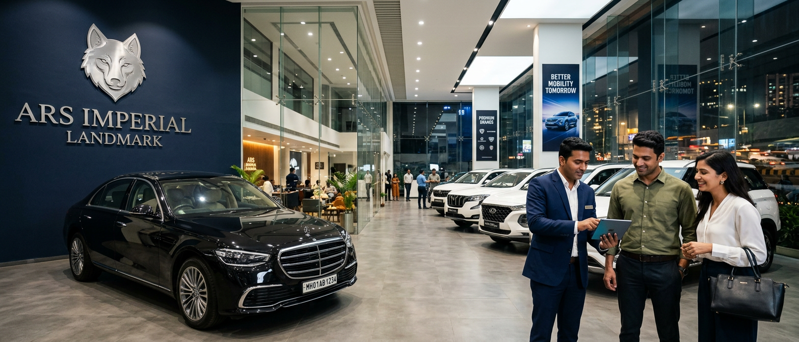 ARS sales executive showing vehicle details on a tablet to a smiling couple inside a modern ARS showroom