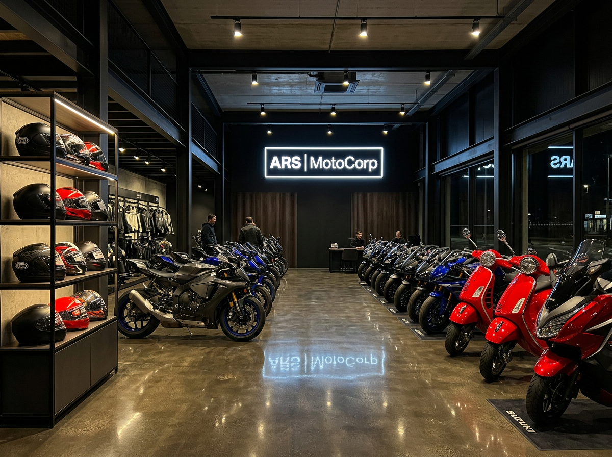 Premium two-wheeler showroom with shiny commuter and performance motorcycles