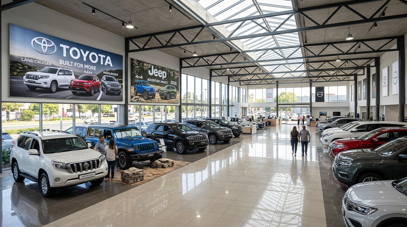 Multi-brand automotive showroom featuring modern electric and hybrid SUVs