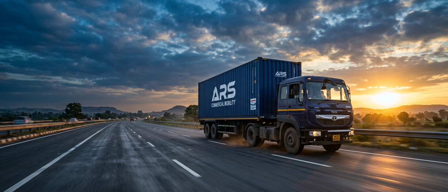 ARS Commercial Mobility truck driving on an Indian highway at sunset