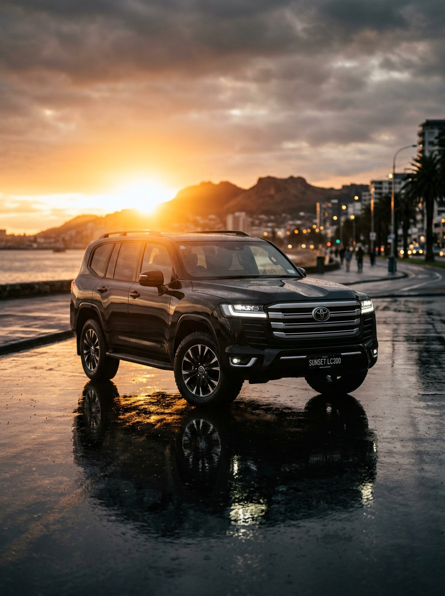 Modern SUV navigating rain-swept highway with crisp LED headlights